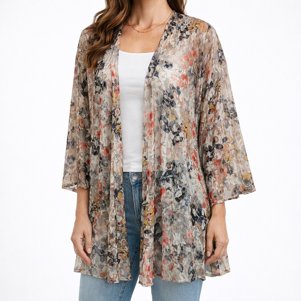 C Est. 1946 Floral Mesh Kimono Cardigan Lightweight Sheer Kimono Cover-Up Large